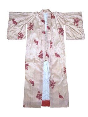 Authentic Vintage Handmade Japanese Kimono Needlepoint Print Red Cream Ombre